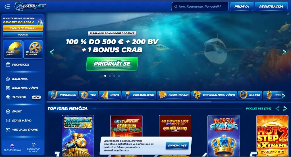 Bassbet Casino — pogled namizne strani v slovenščini