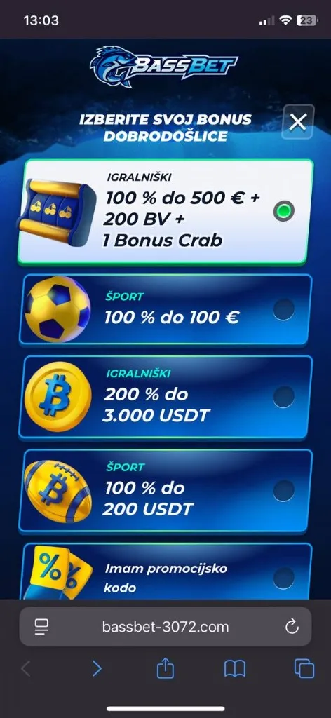 Bassbet Casino — mobilni prikaz 1