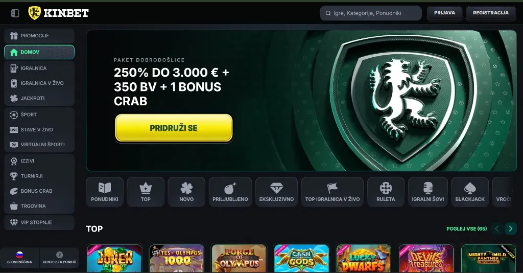 Kinbet Casino — pogled namizne strani v slovenščini
