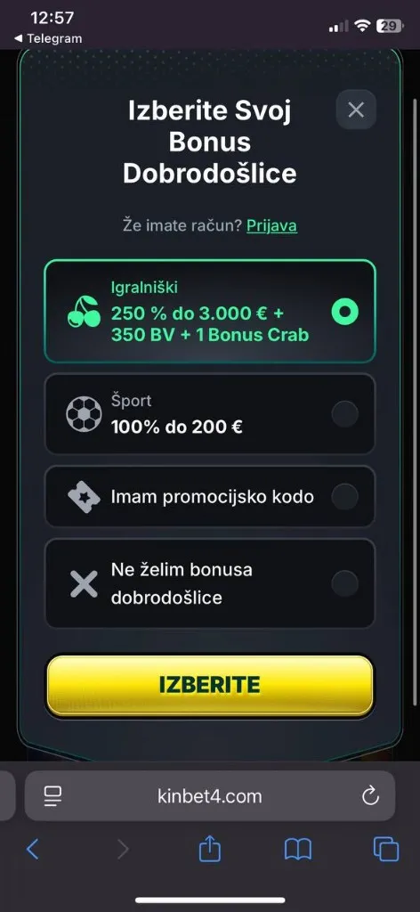 Kinbet Casino — mobilni prikaz 2