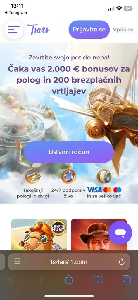 Tsars Casino — mobilni prikaz 1